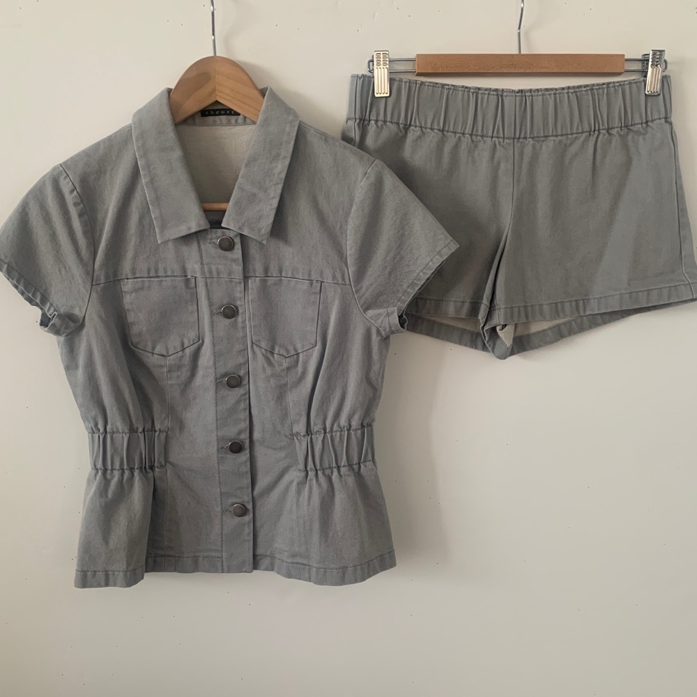 NWOT Theory Denim Jacket Short Set Gray Sz 4